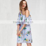 Oblique Shoulder Layered Dress, 2017 Ladies Blue Floral Print Dress thumbnail-2