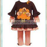 Baby Girls Thanksgiving Day Outfit Brown Top Turkey Appliqued Ruffle Cuff Red White Striped Ruffle Pants thumbnail-1
