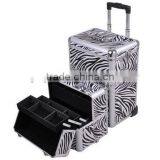 2in1 Zebra Aluminum Makeup Cosmetic Train Rolling Case Hair Style Lockable Box thumbnail-3