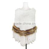 Rabbit Fur Poncho White Color Poncho Raccoon Fur Stripes Knitted Poncho KZ14051 thumbnail-1