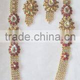 GOLD Plated Polki Kundan Long Necklace EARRING Set thumbnail-1