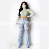 LAITE TR2012 Wholesales Custom New Fashion Broken Hole Straight Edge Women Casual Flare Jeans thumbnail-2