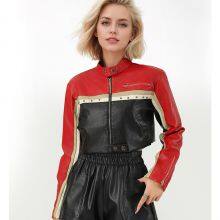 2025 Internet Red Block Spliced PU Leather Waist-exposed Cool Women's Leather Jacket Customization thumbnail-4