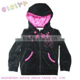 Girl's fashion velvet jacket with zipper up design winter black sweatshirt with hood for children girls wholesale custom