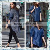 Long Sleeve Patches Longline Jean Shirts for Ladies thumbnail-5