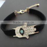 Rhinestone Inlaid Hamsa Hand Evil Eye Charm Suede Leather Bracelet thumbnail-2