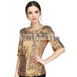 Womens Sequin Paillette Detail Golden Hot Gilrs Tight Shirt thumbnail-3