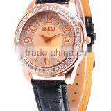 Crystal Black Leather Strap Stainless Steel Back Sport Quartz Wonmen Lady Dress Watch