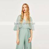 HAODUOYI Light Green Patchwork Women Jumpsuit V-neck Half Sleeve Sashes Elegant Culottes Perspective Lady Jumpsuit for Wholesale thumbnail-3