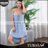 Deep v-neck sexy nighty dress picture blue front lace-up dress