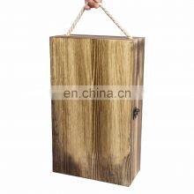 Dark Torched Wood Double Bottle Wine Case Top Handle Wood Wine Box Brown thumbnail-5