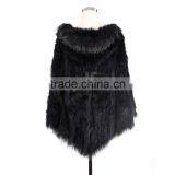 QD0807 Woman Knitted Rabbit Fur Poncho With Raccoon Fur Trim and Bigger Hood thumbnail-3