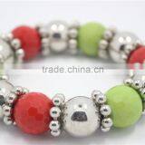 Chunky Round Red & Apple Green Plastic Gemstone Stretch Bracelet Silver Smooth Round CCB Beaded Bracelet For Women Jewelry