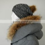 acrylic yarn melange knit beanie hat with faux fur pompom