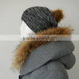 Acrylic Yarn Melange Knit Beanie Hat With Faux Fur Pompom