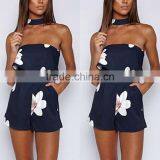 2017 Summer Women's Dark Blue Flowers Printed Hanging Neck Lotus Leaf Side Bra Straps Pants thumbnail-1