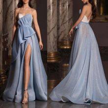 2021 Slim and Long Blue Light Host Dress Wrapped Chest and Shoulder Slit Evening Dress thumbnail-1