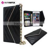 Elegant Ladies Chain Style Design Black Luxury Pouch Leather Wallet Pouch Case Cover With Slots For Iphone 6
