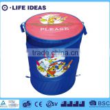 blue round foldable and collapsible laundry basket pop up toys hamper with red lid