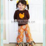 Little Girl Thanksgiving Outfit Ruffled Pants T-Shirt Brown Long Sleeve Terkey Floral Ruffle Pants Boutique Outfit Set thumbnail-1