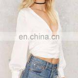 New Style Women Tops and Blouses, 2017 Summer Women Wrap White Blouse thumbnail-3