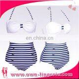 New Arrival Blue Stripe Beachwear High Waist and Neck Harness Bikini Set thumbnail-1