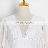 TWOTWINSTYLE Patchwork Ruffle Dress For Women V Neck Lantern Sleeve Hollow Out Elegant White Dresses thumbnail-4