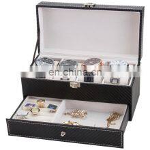 Double Layer 4 Slots Carbon Fiber PU Leather Jewelry Storage Watch Display Box With Drawer thumbnail-1