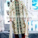 Cream Brocaded Pure Raw Silk Fabric Designer Sherwani thumbnail-1