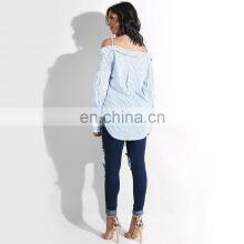 Wholesale Custom Women Sexy Through the Shoulder Strap Button-down Stripe Casual Pleasure Long-sleeved Shirt Women Casual Home w thumbnail-4