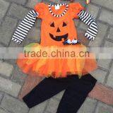 Baby Girls Halloween Pumpkin Face Dress and Pant Boutique Outfits With Matching Hair Bows and Chunky Necklace Set thumbnail-1