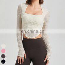 Breathable Running Tops Square Collar Sexy Sports T Shirt Long Sleeve Thumb Hole Design Yoga Top With Fixed Padded For Women thumbnail-2