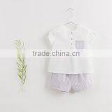 2017 Baby Boy Clothes 2pcs Set White Linen Blouse Chest Pocket Light Purple Grids Shorts thumbnail-1