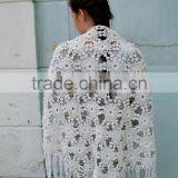 Vintage White Crochet Shawl, Soft Crochet Fringe Wrap, Wedding Shawl Wrap, Bride Shawl Ivory Wedding thumbnail-4