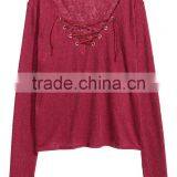 Ladies Wearing Hand Knitted Wool Sweaters With Lacing V-Neck Design thumbnail-4
