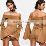 2017 New Brown Faux Suede Flare Tie Sleeve Women Wholesale Playsuit thumbnail-1