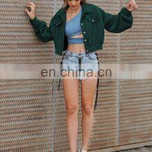 2020 свободный однотонный куртка для женщин из коричневой ткани с ламповыми рукавами и узким талией, в стиле мото-куртки thumbnail-4