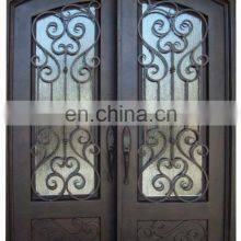 Black Strong Steel Exterior French Door Residential Double Arch Wrought Iron Decorative Front Door thumbnail-5