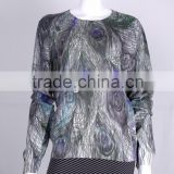 Womens round neck long sleeve pullover 100%cotton handmade knitted sweater with colorful digital print