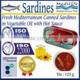 Fresh Mediteranean Canned Sardines InVegetable Oil With Hot Sauce,High Quality Sardines,Sardines in Cans With Hot Sauce 125g thumbnail-1