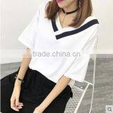 College Summer Wind Pure Color Cotton T-shirt Dress Easing Students V-neck With Short Sleeves thumbnail-1