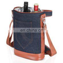 Reusable Custom Blue Denim Cooler Bag Luxury Picnic Leather Bottle 2 Pc Wine Carrier thumbnail-4
