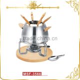 MSF-3566 12pcs stainless steel chocolate fondue pot set 6 forks stay cool wooden handles