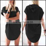Oem Wholesale New Style Women Smart Casual Loose Hoodies Hooded Short Sleeve Long Shirt Blouse Top Sports Mini Sexy Shirt Dress thumbnail-3