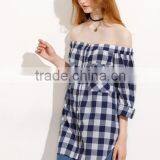 Blouses Latest Fashion Design Women Clothing Gingham Button Pocket Off The Shoulder Blouse thumbnail-4