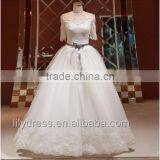 Elegant Sexy Off The Shoulder Princess Ball Gown Wedding Dresses Half Sleeve Bridal Gown With Ribbons Flower Sash Beaded ML056 thumbnail-1