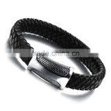 China Supplier Jewelry Silver Titanium Steel Punk Mens Rope Bangles Cow Leather Braided Cuff Bracelet thumbnail-1