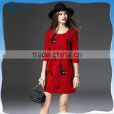New Fashion Pocket Three-quarter Sleeve Red Color Roma Fabric Embroidery Beautiful Lady One-piece Dress thumbnail-1