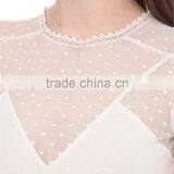 Wholesale Women Sexy Round Neck Short Sleeves Sheer Polka Dot Sleeves and Yoke Straight Hem Cotton Blend T-shirt(DQE0150T) thumbnail-5