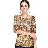 Womens Sequin Paillette Detail Golden Hot Gilrs Tight Shirt thumbnail-4